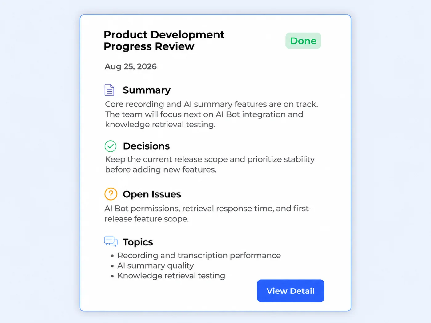 Truley Sentinel AI summary, decisions, and action items UI