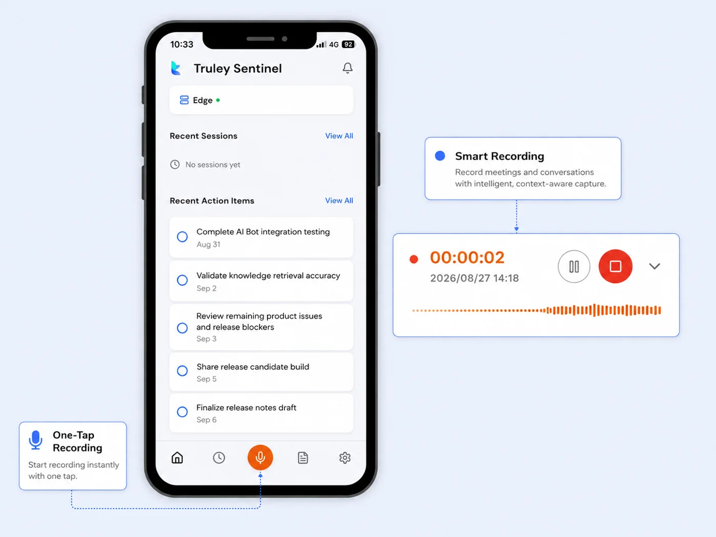 Truley Sentinel smart recording and voice transcription UI