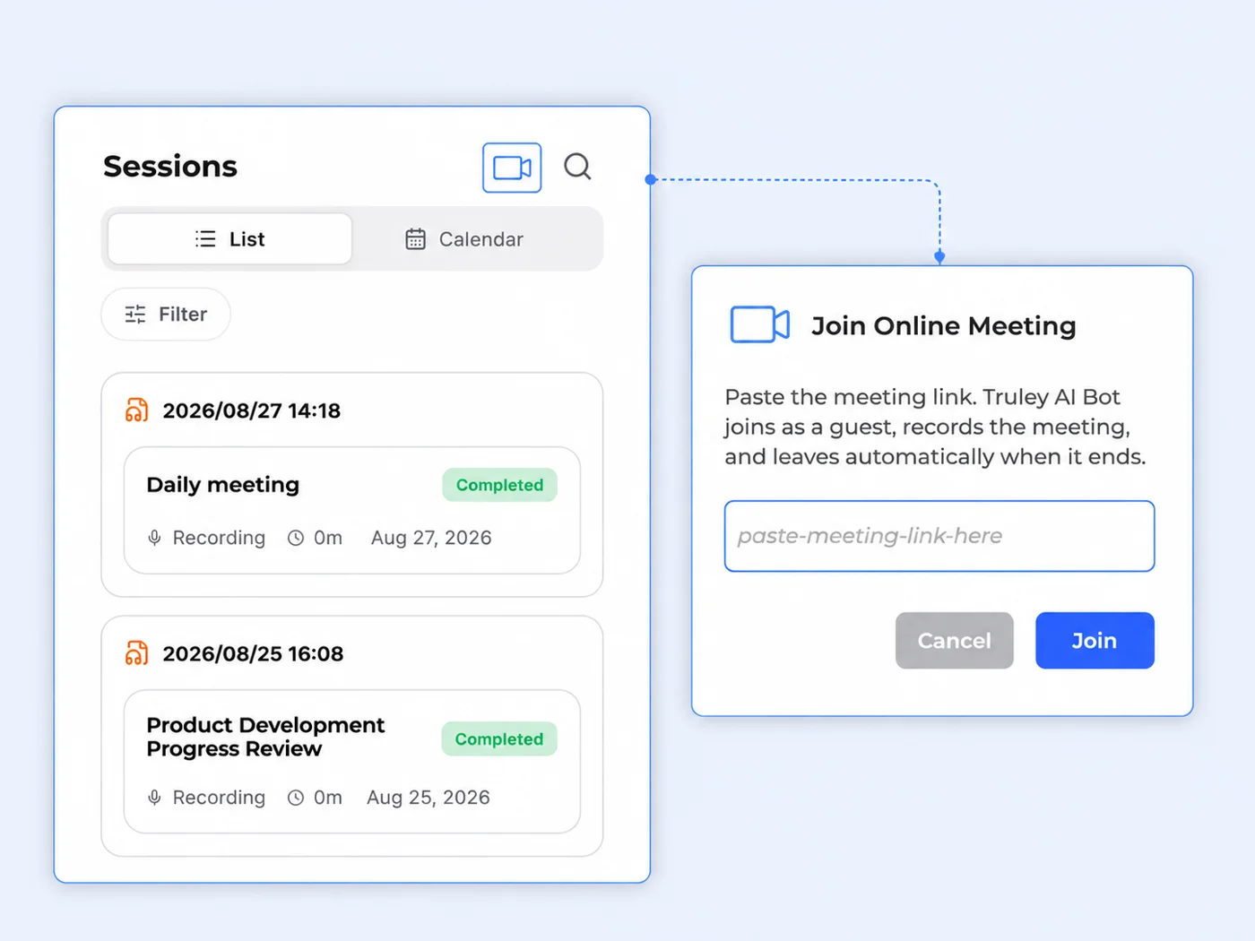 Truley AI Bot joining an online meeting to automatically record and transcribe