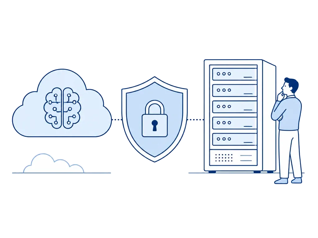 Cloud AI and on-premise server separated by a shield and lock